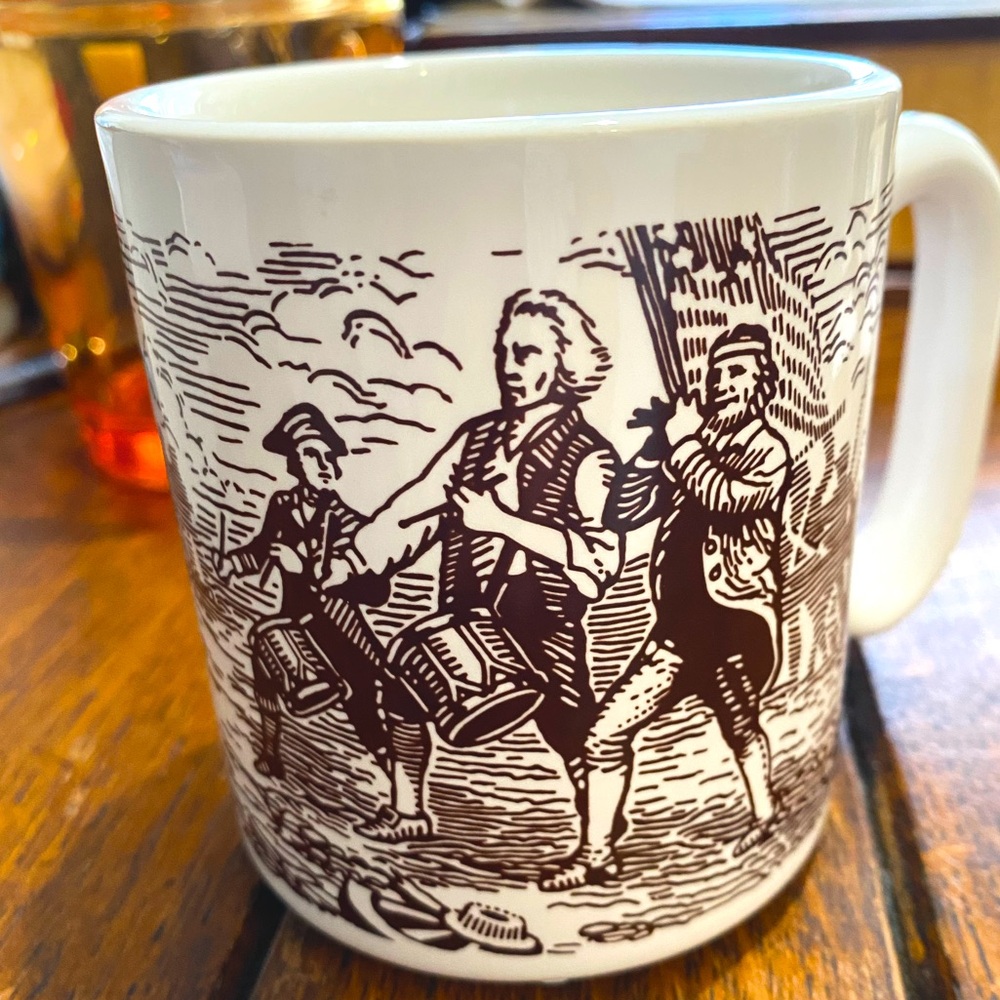 Celebrate 250 Years of USA! White and Brown Mug. “The Spirit of ‘76”.Drum & Fife